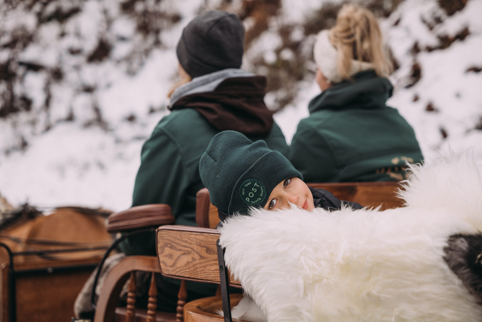 A horse-drawn sleigh carries a family through the snow-covered valley.